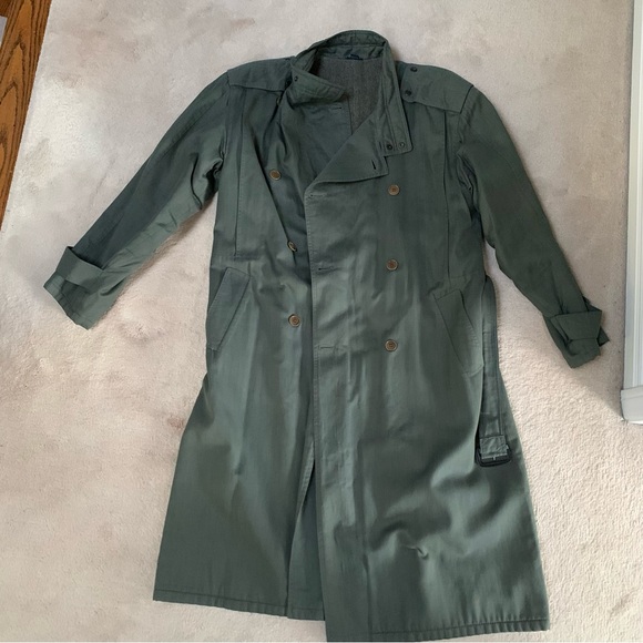 Vintage Italian Olive Green Cotton Herringbone Trench Coat Wool Lined - Picture 4 of 12